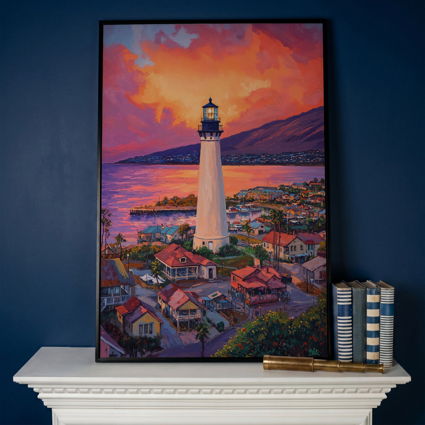 Lighthouse at Sunset Canvas Print, Coastal Harbor Scene in black floating frame