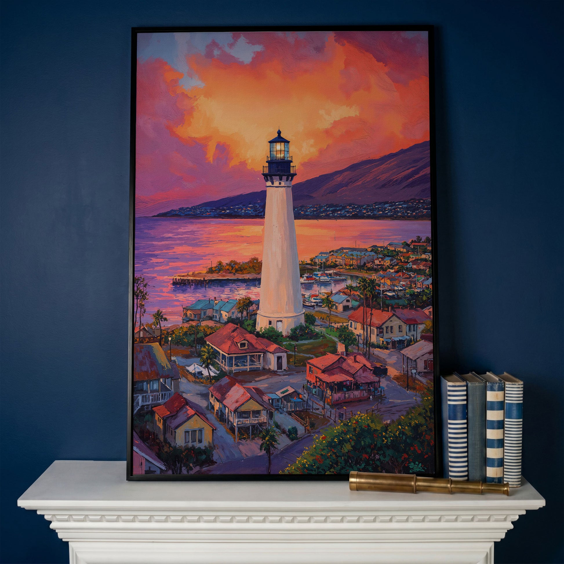 Lighthouse at Sunset Canvas Print, Coastal Harbor Scene in black floating frame