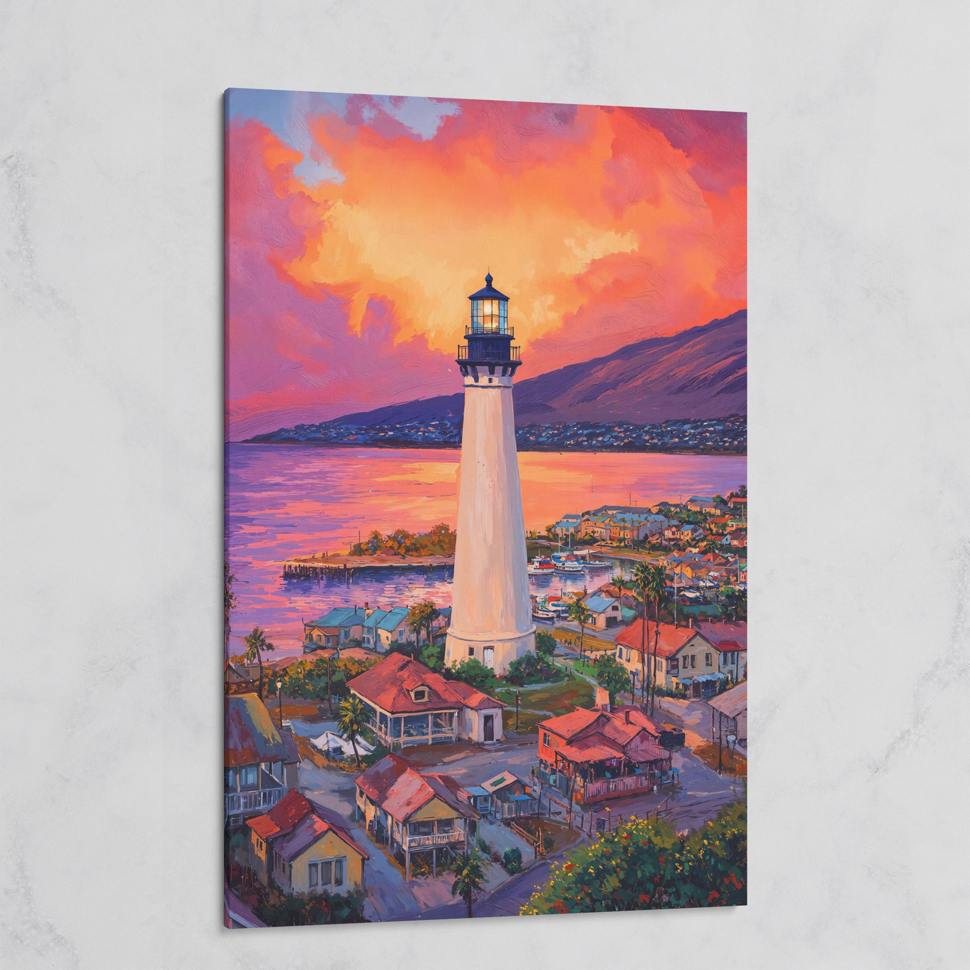 Lighthouse at Sunset Canvas Print, Coastal Harbor Scene on gallery wrap
