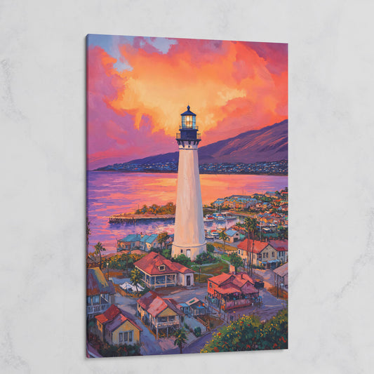 Lighthouse at Sunset Canvas Print, Coastal Harbor Scene on gallery wrap
