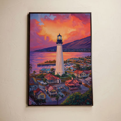 Lighthouse at Sunset Canvas Print, Coastal Harbor Scene in dark walnut floating frame