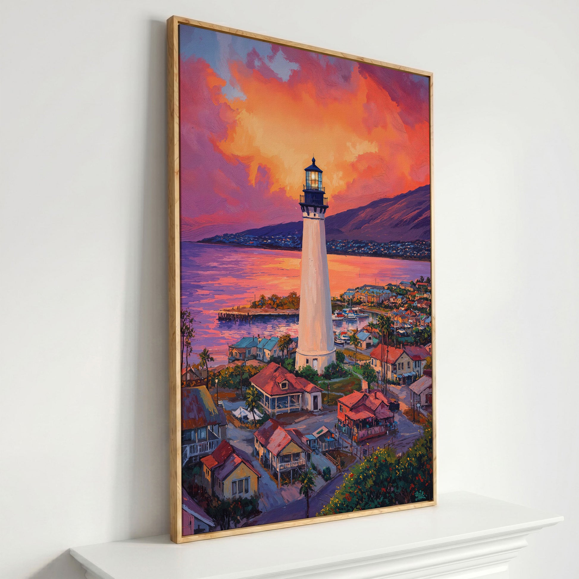 Lighthouse at Sunset Canvas Print, Coastal Harbor Scene in white oak floating frame