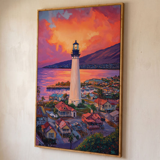 Lighthouse at Sunset Canvas Print, Coastal Harbor Scene shown in white oak floating frame