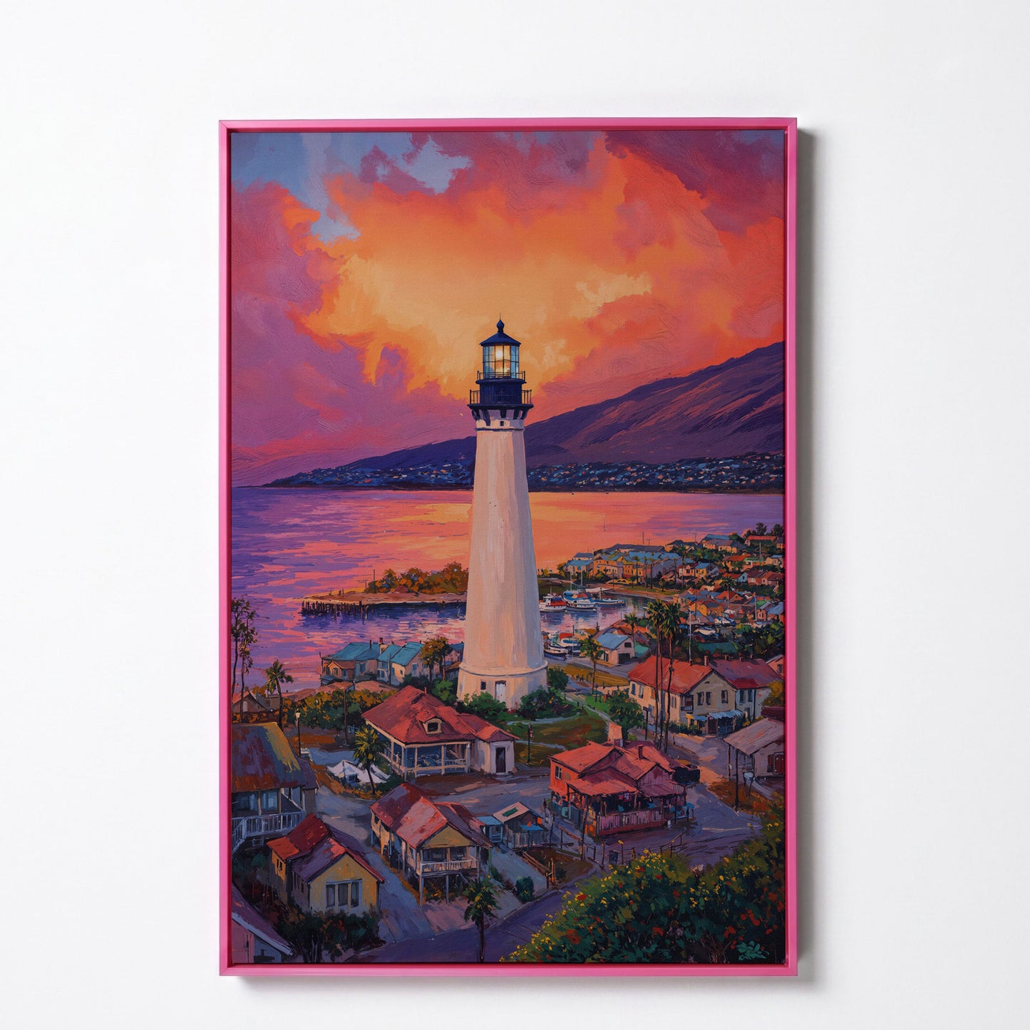 Lighthouse at Sunset Canvas Print, Coastal Harbor Scene in pink floating frame