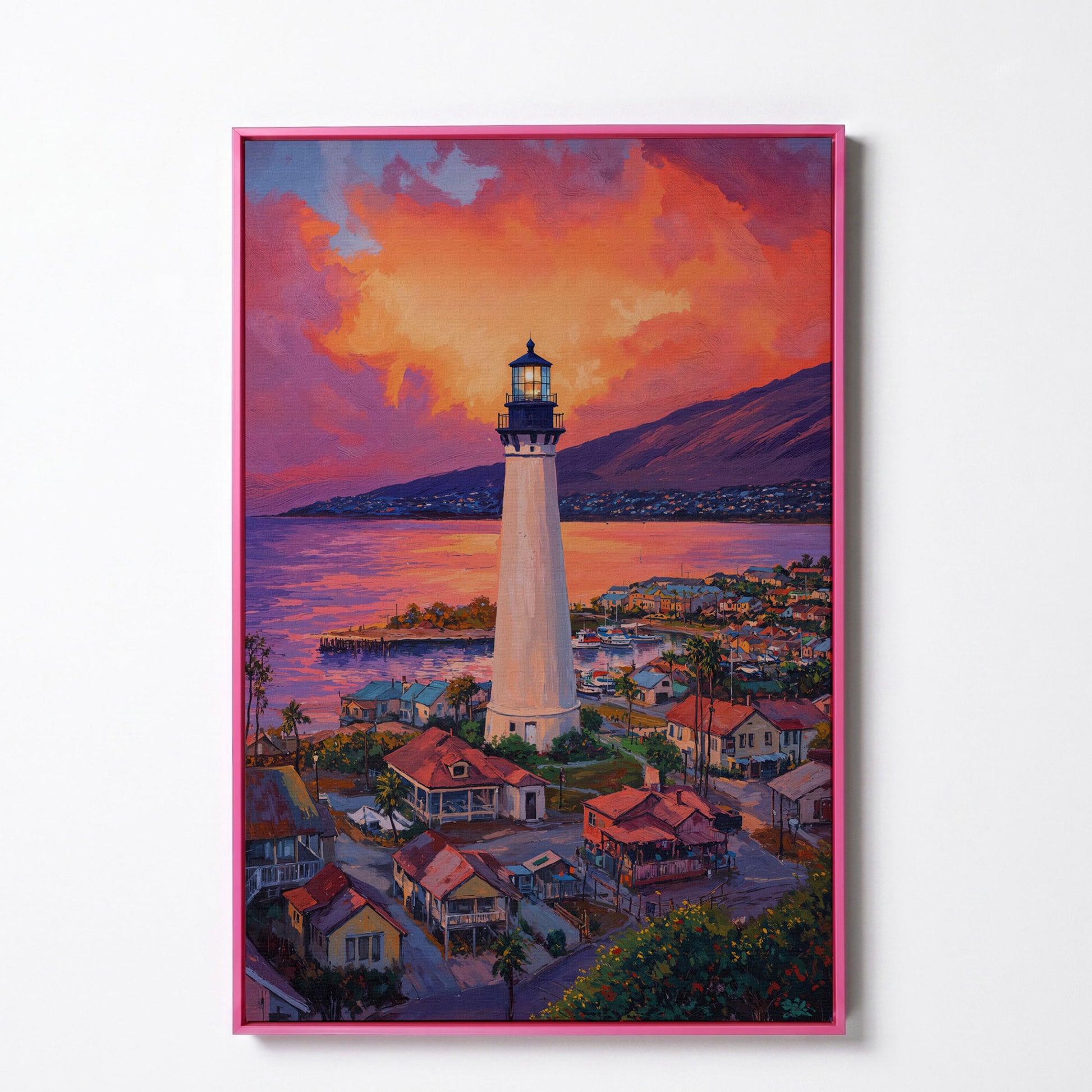 Lighthouse at Sunset Canvas Print, Coastal Harbor Scene in pink floating frame