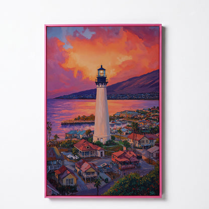 Lighthouse at Sunset Canvas Print, Coastal Harbor Scene in pink floating frame