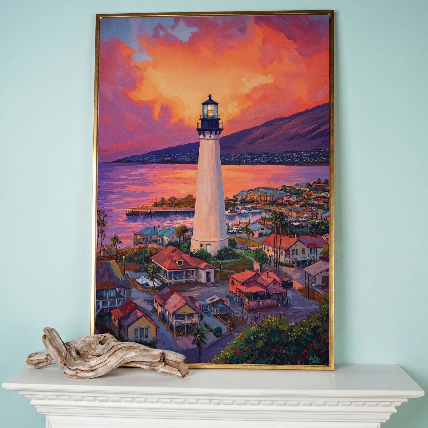 Lighthouse at Sunset Canvas Print, Coastal Harbor Scene in rose gold floating frame