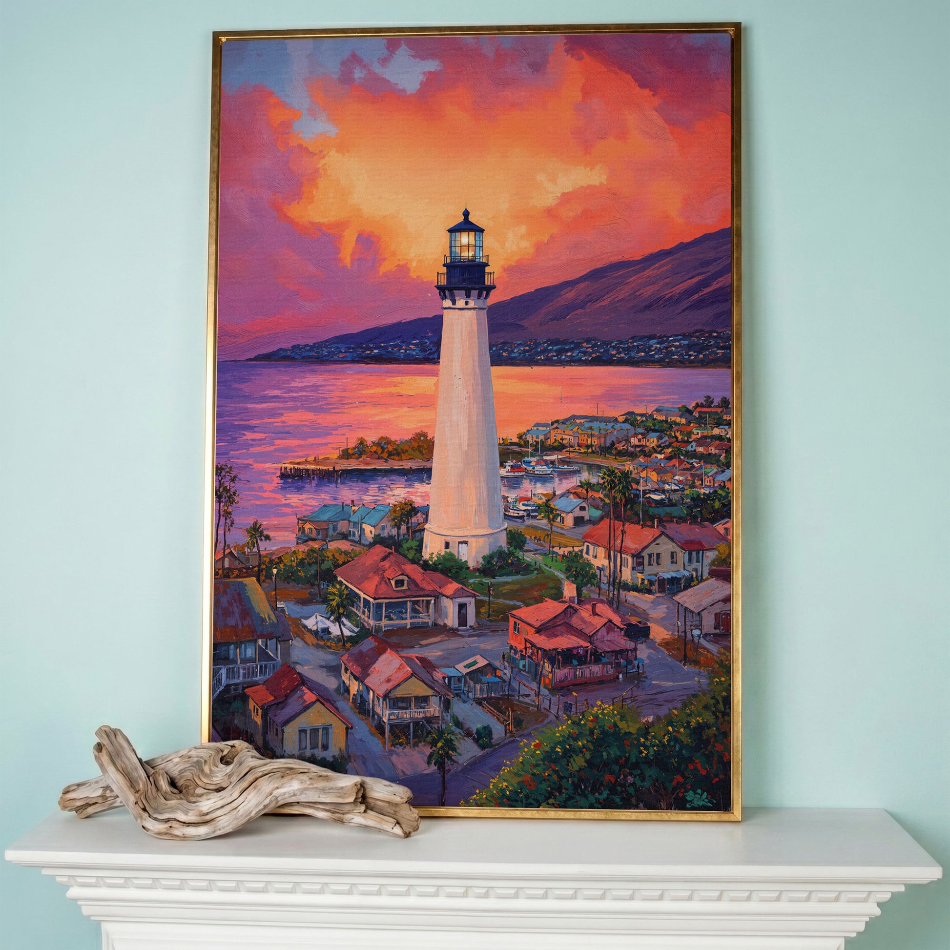Lighthouse at Sunset Canvas Print, Coastal Harbor Scene in rose gold floating frame