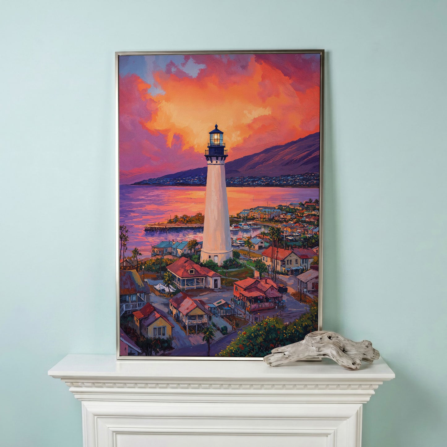 Lighthouse at Sunset Canvas Print, Coastal Harbor Scene in silver floating frame