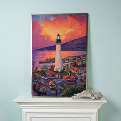 Lighthouse at Sunset Canvas Print, Coastal Harbor Scene in silver floating frame