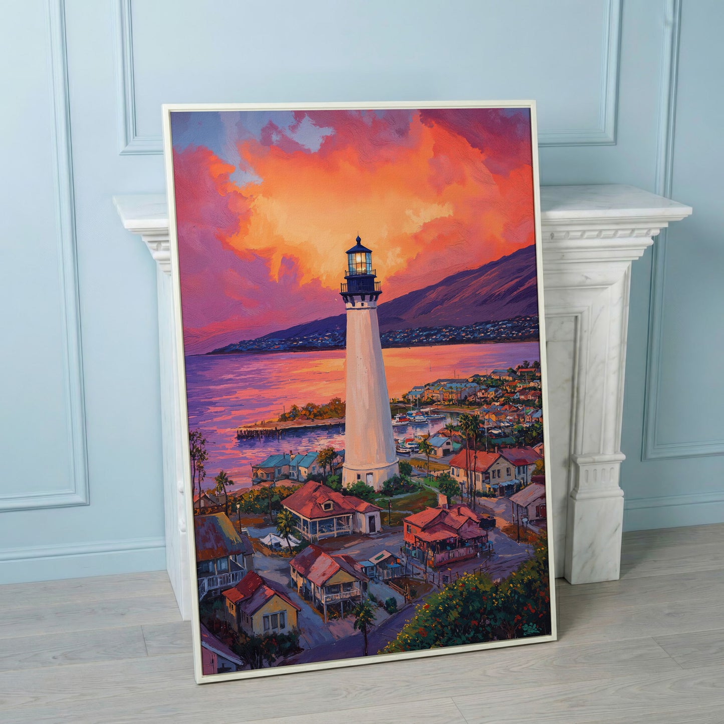 Lighthouse at Sunset Canvas Print, Coastal Harbor Scene in white floating frame