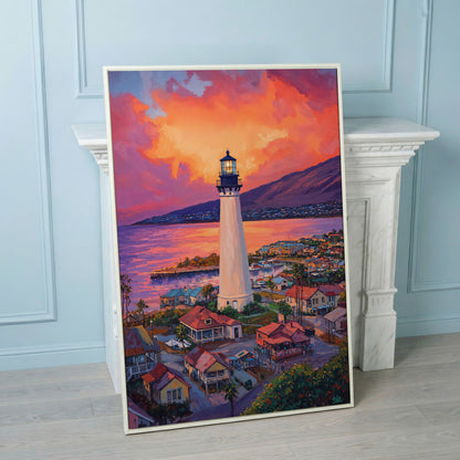 Lighthouse at Sunset Canvas Print, Coastal Harbor Scene in white floating frame