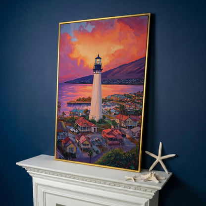 Lighthouse at Sunset Canvas Print, Coastal Harbor Scene in yellow gold floating frame