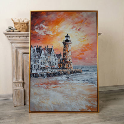 Lighthouse at Sunset Canvas Art, Coastal Harbor Scene in antique gold floating frame