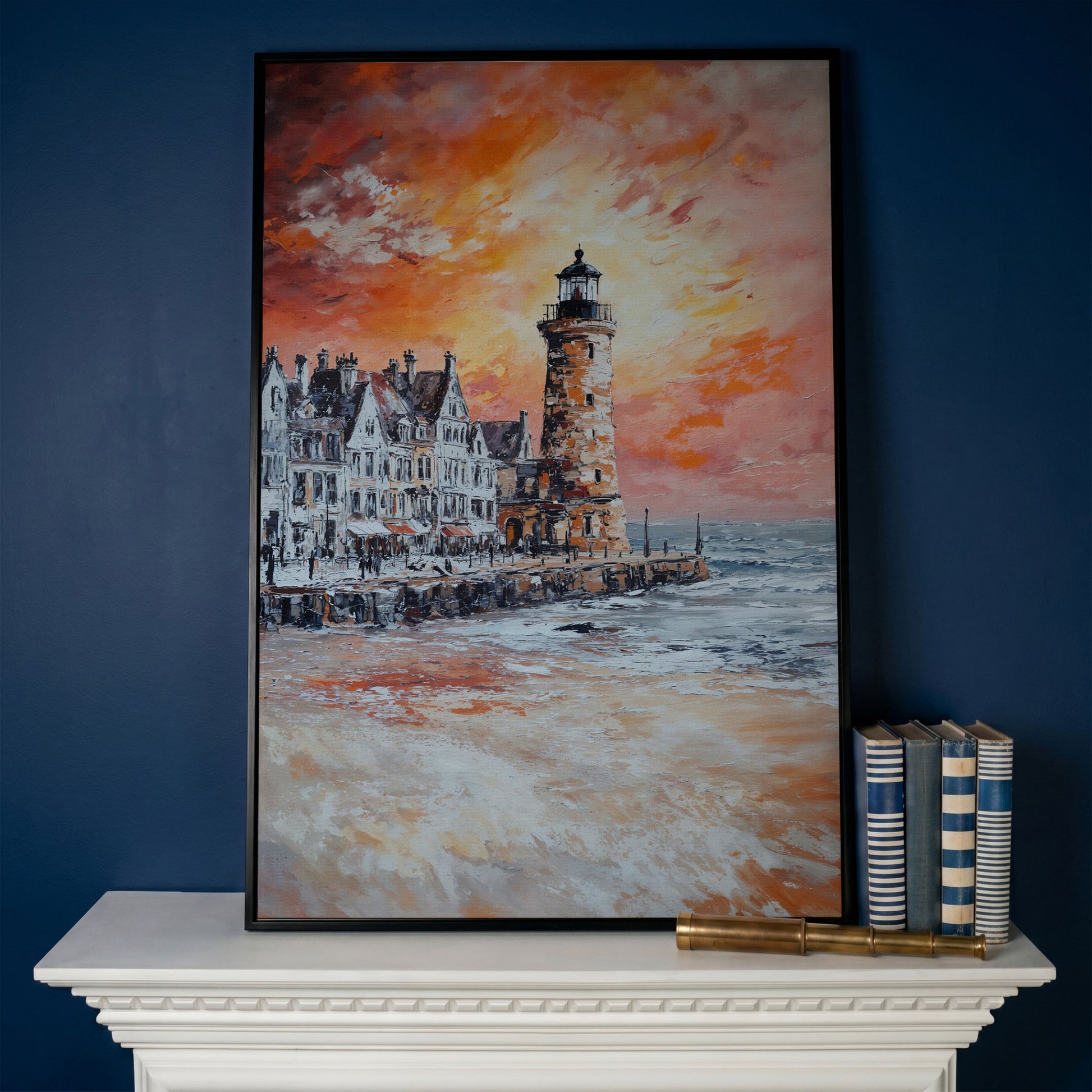 Lighthouse at Sunset Canvas Art, Coastal Harbor Scene in black floating frame