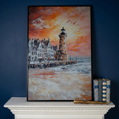 Lighthouse at Sunset Canvas Art, Coastal Harbor Scene in black floating frame