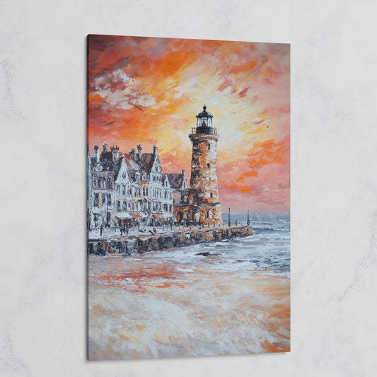 Lighthouse at Sunset Canvas Art, Coastal Harbor Scene on gallery wrap