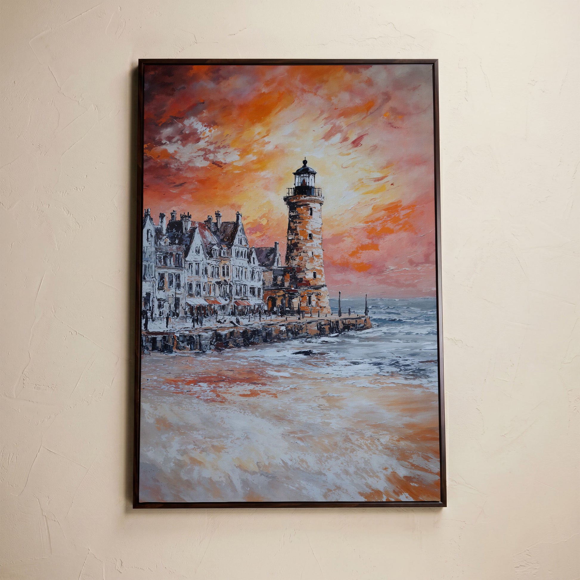 Lighthouse at Sunset Canvas Art, Coastal Harbor Scene in dark walnut floating frame