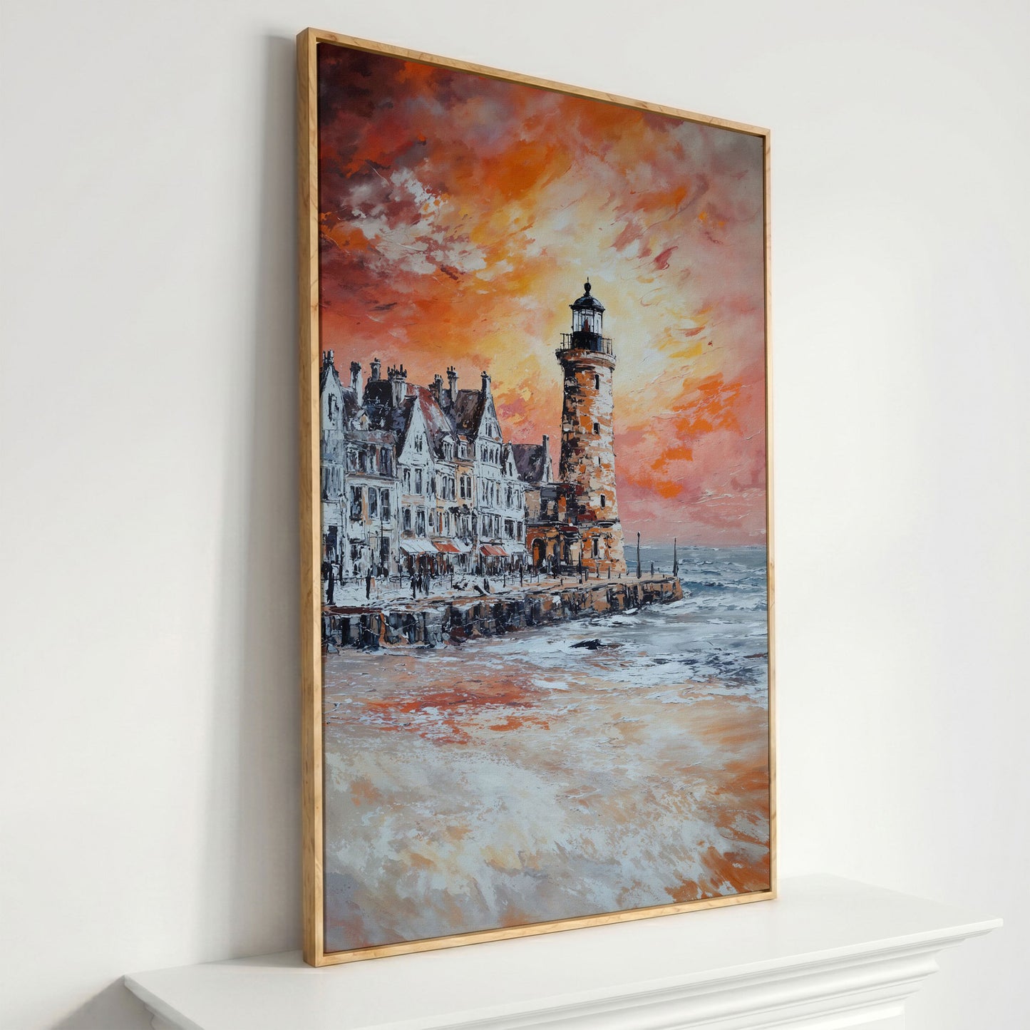 Lighthouse at Sunset Canvas Art, Coastal Harbor Scene in white oak floating frame