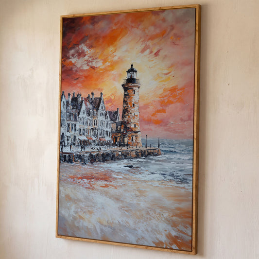 Lighthouse at Sunset Canvas Art, Coastal Harbor Scene shown in white oak floating frame