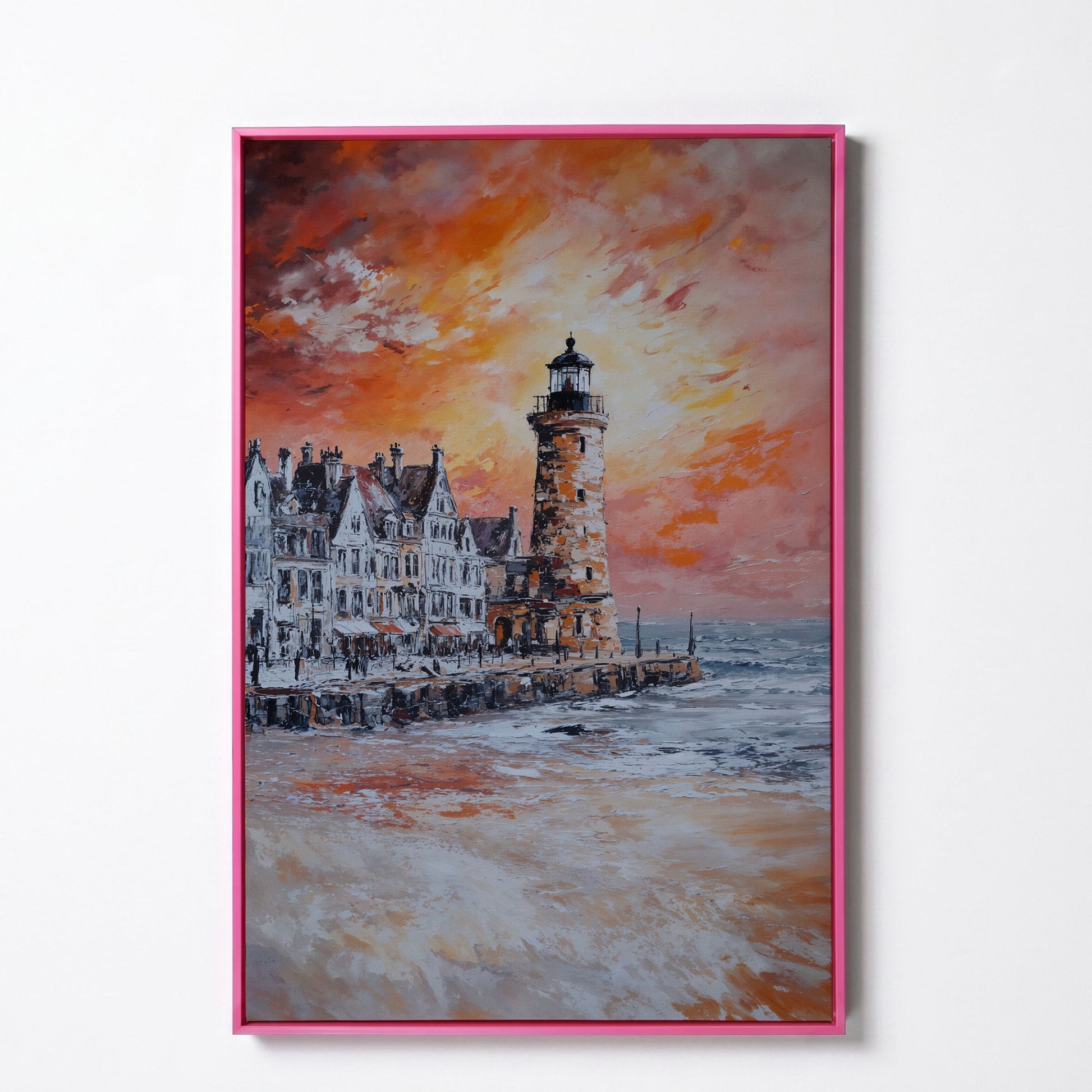 Lighthouse at Sunset Canvas Art, Coastal Harbor Scene in pink floating frame