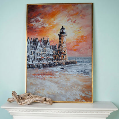 Lighthouse at Sunset Canvas Art, Coastal Harbor Scene in rose gold floating frame