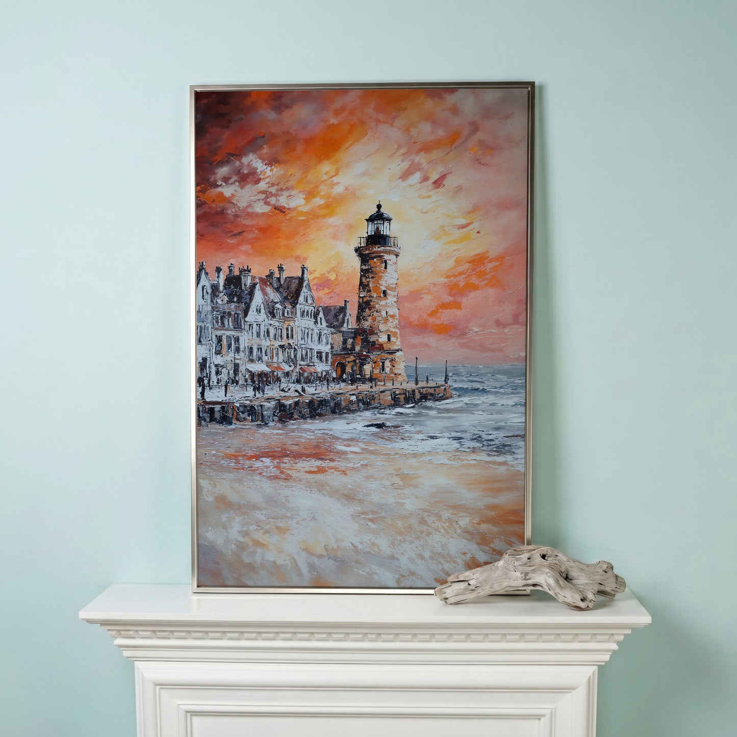Lighthouse at Sunset Canvas Art, Coastal Harbor Scene in silver floating frame