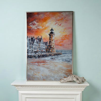 Lighthouse at Sunset Canvas Art, Coastal Harbor Scene in silver floating frame