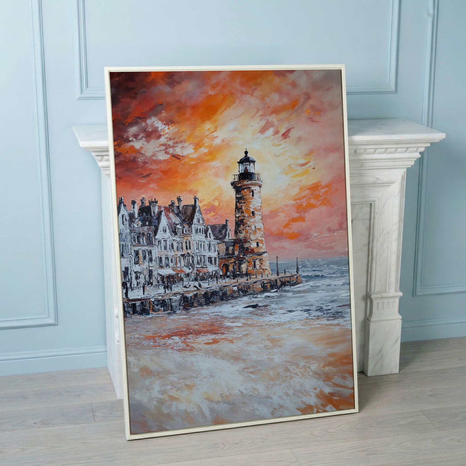 Lighthouse at Sunset Canvas Art, Coastal Harbor Scene in white floating frame