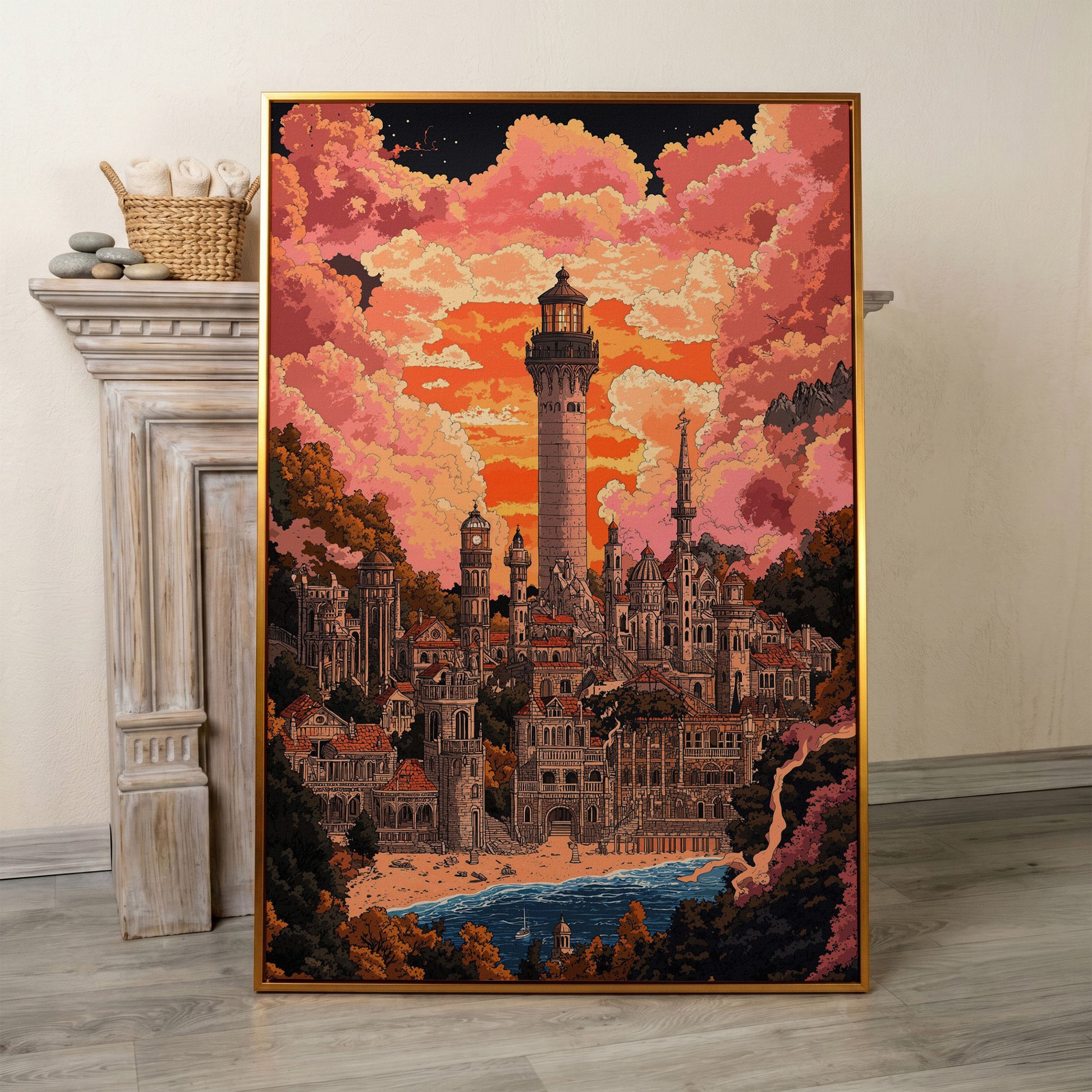 Surreal Lighthouse Cityscape Canvas Art, Fantasy Coastal Sunset in antique gold floating frame