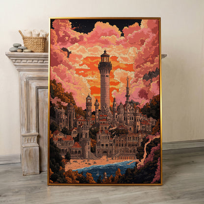 Surreal Lighthouse Cityscape Canvas Art, Fantasy Coastal Sunset in antique gold floating frame