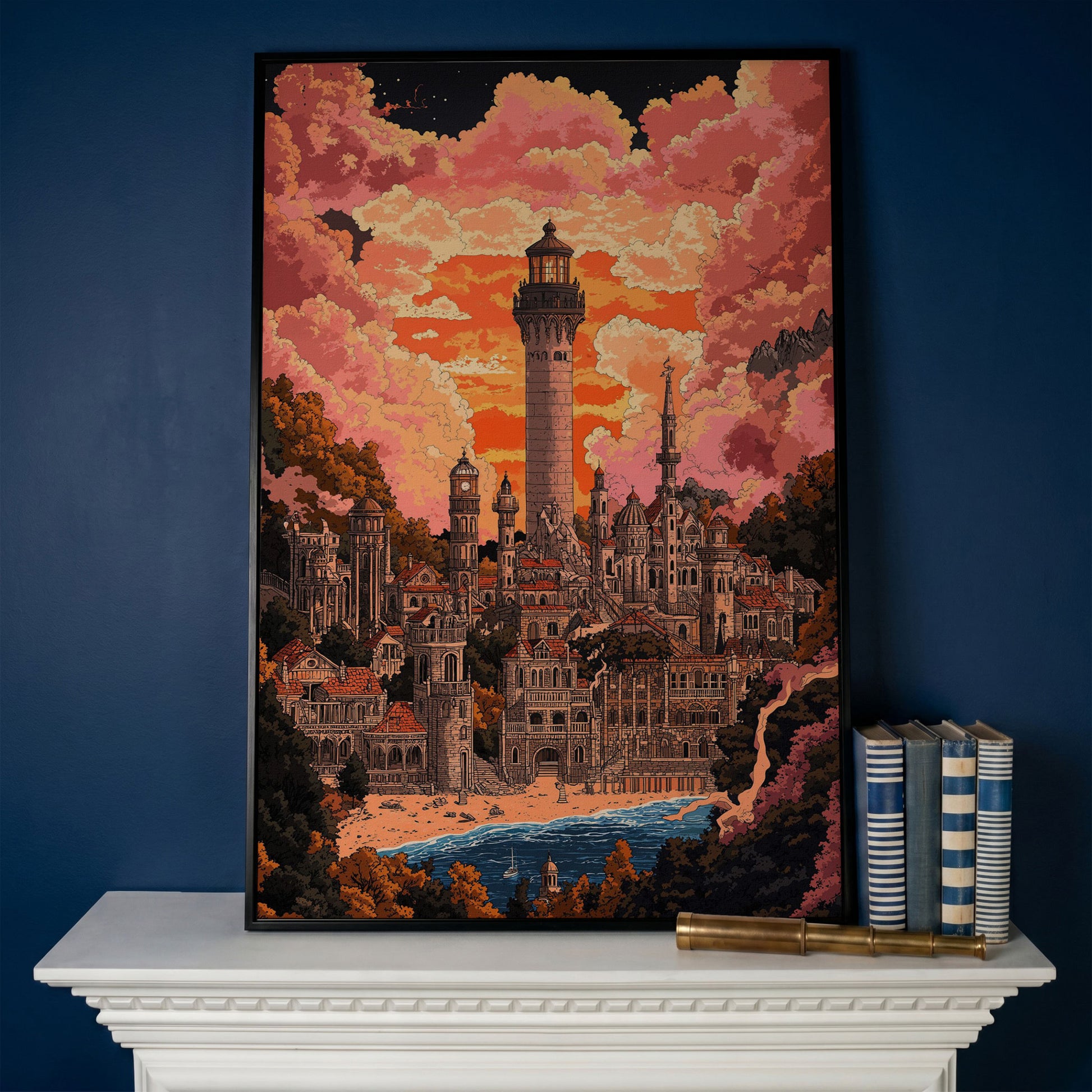 Surreal Lighthouse Cityscape Canvas Art, Fantasy Coastal Sunset in black floating frame