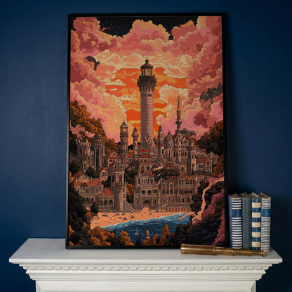 Surreal Lighthouse Cityscape Canvas Art, Fantasy Coastal Sunset in black floating frame
