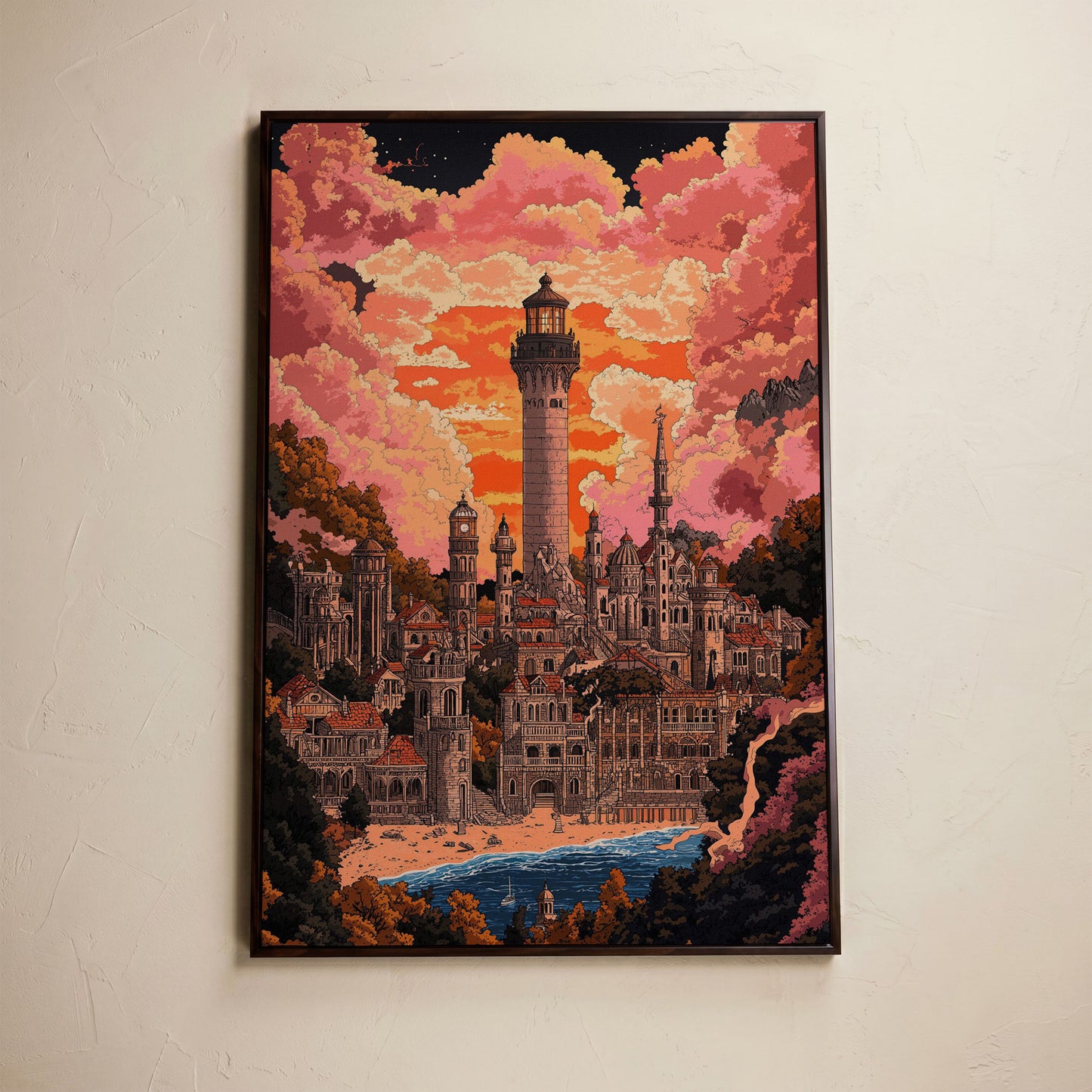 Surreal Lighthouse Cityscape Canvas Art, Fantasy Coastal Sunset in dark walnut floating frame