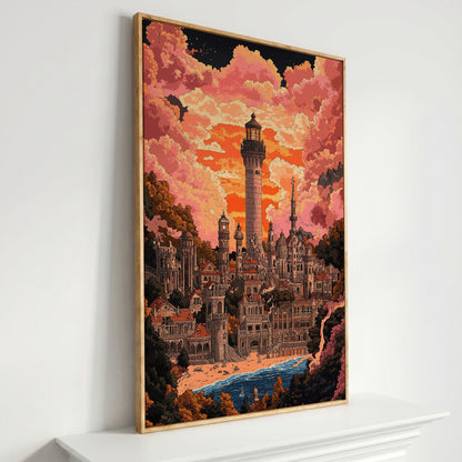 Surreal Lighthouse Cityscape Canvas Art, Fantasy Coastal Sunset in white oak floating frame