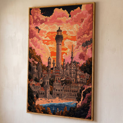 Surreal Lighthouse Cityscape Canvas Art, Fantasy Coastal Sunset shown in white oak floating frame