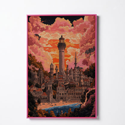 Surreal Lighthouse Cityscape Canvas Art, Fantasy Coastal Sunset in pink floating frame