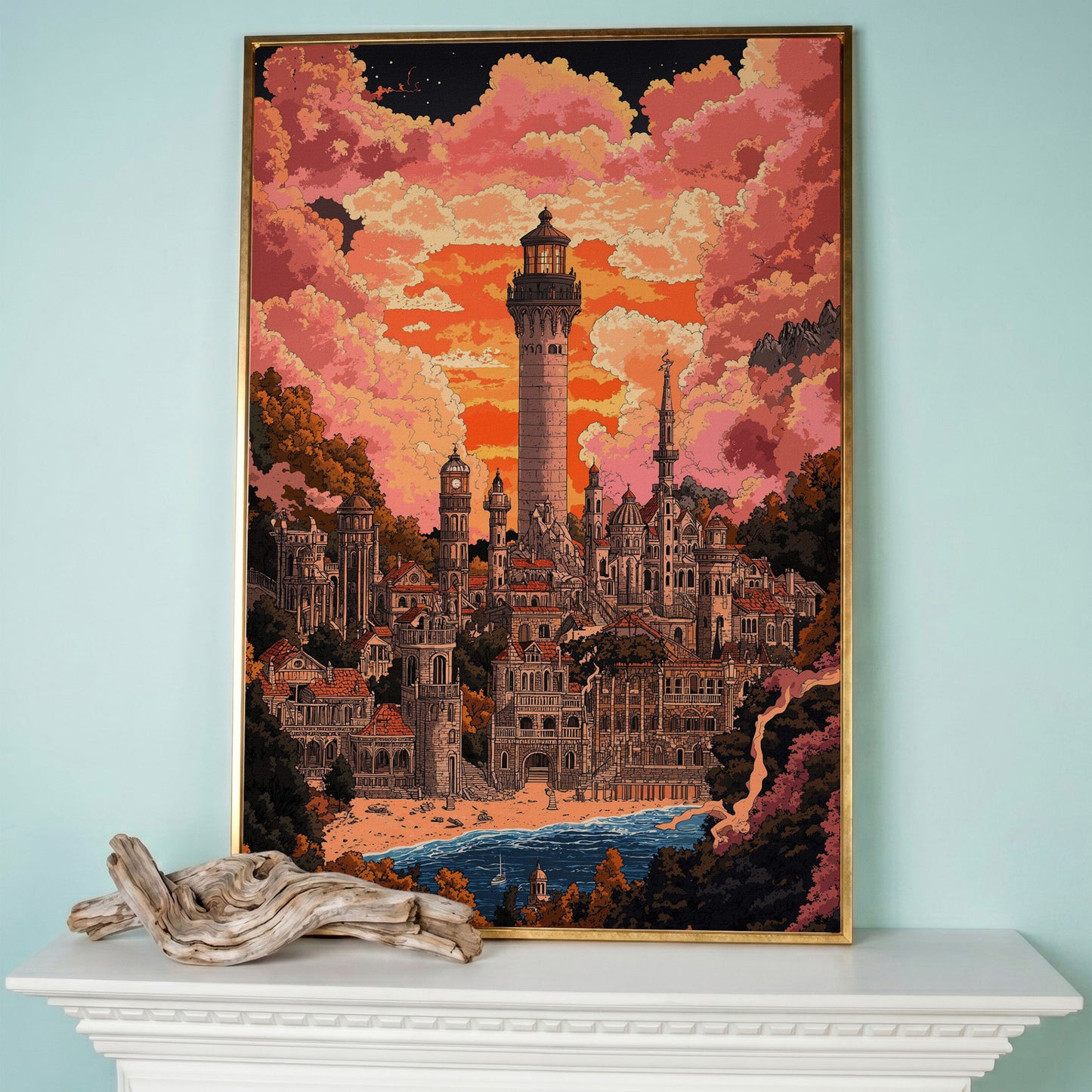 Surreal Lighthouse Cityscape Canvas Art, Fantasy Coastal Sunset in rose gold floating frame