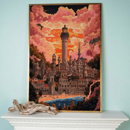 Surreal Lighthouse Cityscape Canvas Art, Fantasy Coastal Sunset in rose gold floating frame