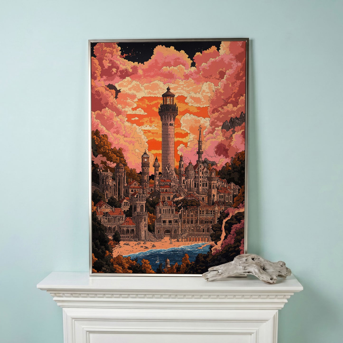 Surreal Lighthouse Cityscape Canvas Art, Fantasy Coastal Sunset in silver floating frame