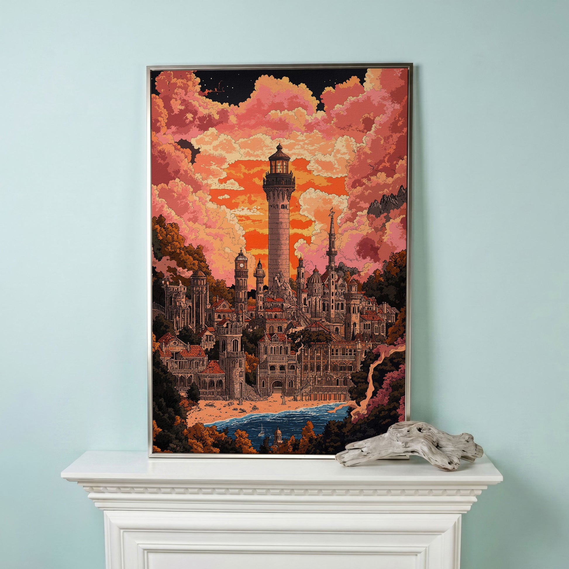 Surreal Lighthouse Cityscape Canvas Art, Fantasy Coastal Sunset in silver floating frame