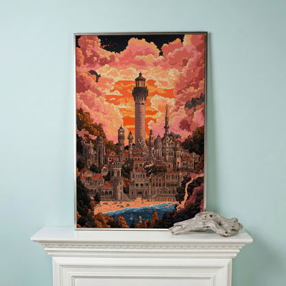 Surreal Lighthouse Cityscape Canvas Art, Fantasy Coastal Sunset in silver floating frame