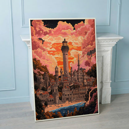 Surreal Lighthouse Cityscape Canvas Art, Fantasy Coastal Sunset in white floating frame