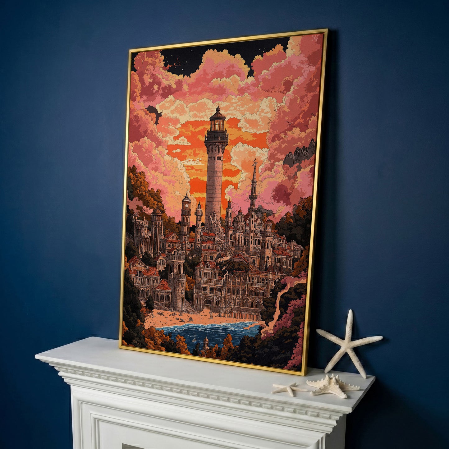 Surreal Lighthouse Cityscape Canvas Art, Fantasy Coastal Sunset in yellow gold floating frame