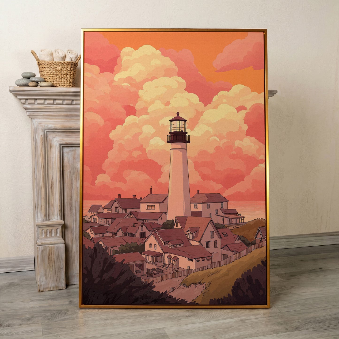 Lighthouse at Sunset Canvas Print, Coastal Wall Art in antique gold floating frame