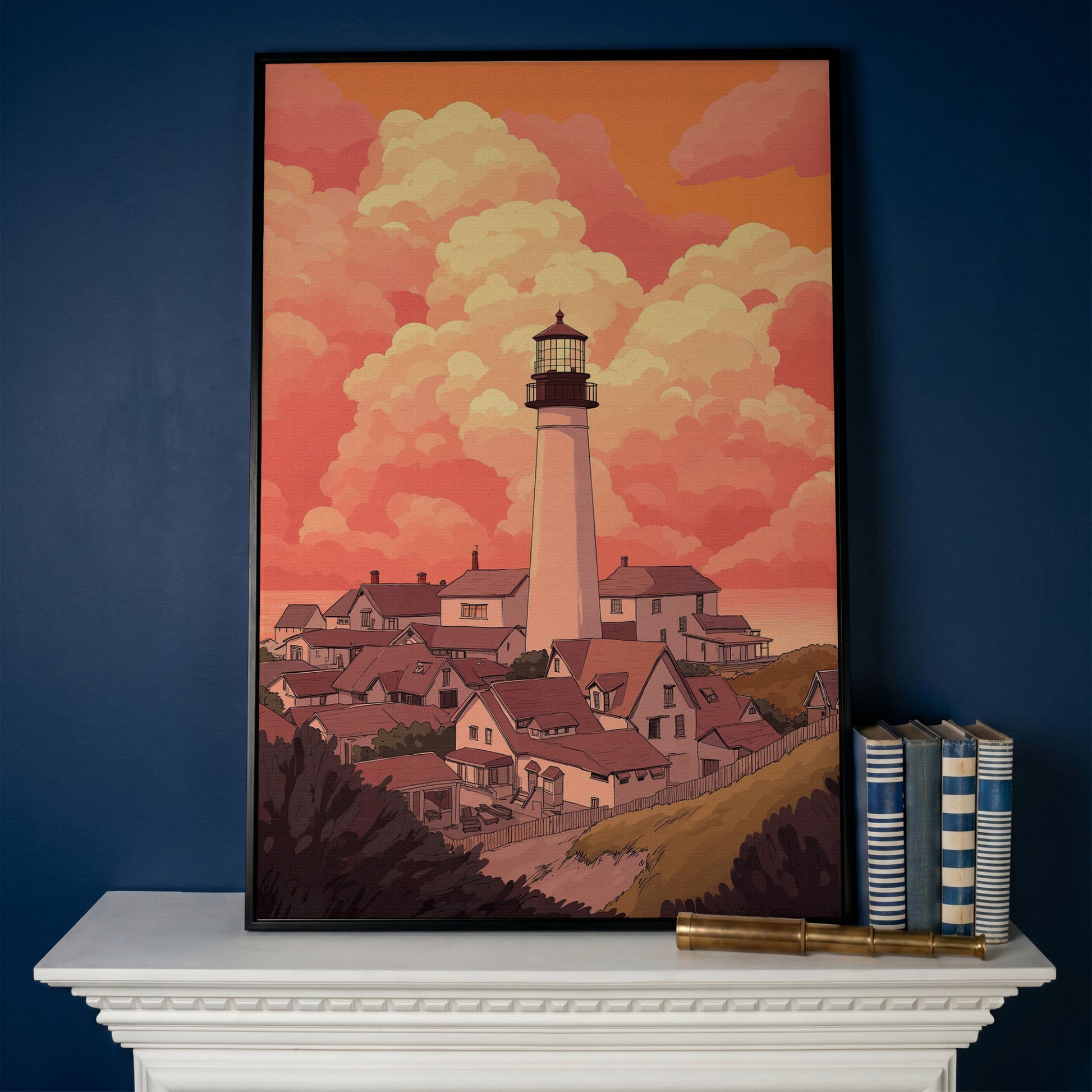 Lighthouse at Sunset Canvas Print, Coastal Wall Art in black floating frame