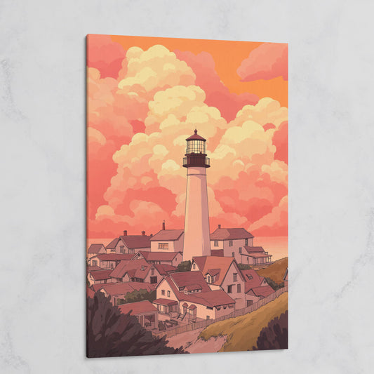 Lighthouse at Sunset Canvas Print, Coastal Wall Art on gallery wrap