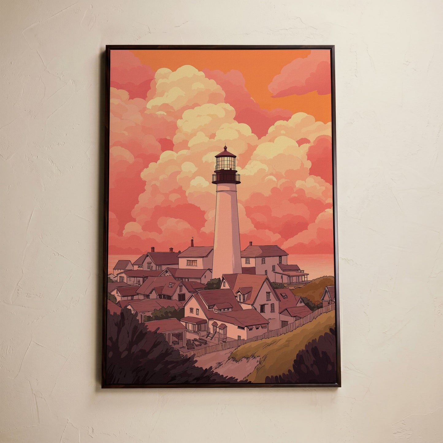 Lighthouse at Sunset Canvas Print, Coastal Wall Art in dark walnut floating frame
