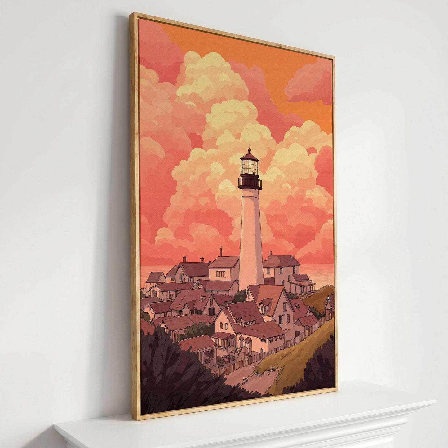 Lighthouse at Sunset Canvas Print, Coastal Wall Art in white oak floating frame