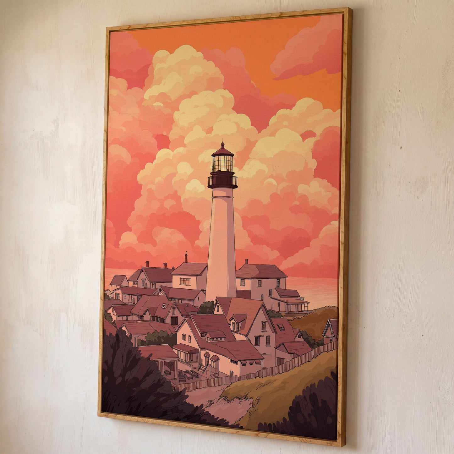 Lighthouse at Sunset Canvas Print, Coastal Wall Art shown in white oak floating frame